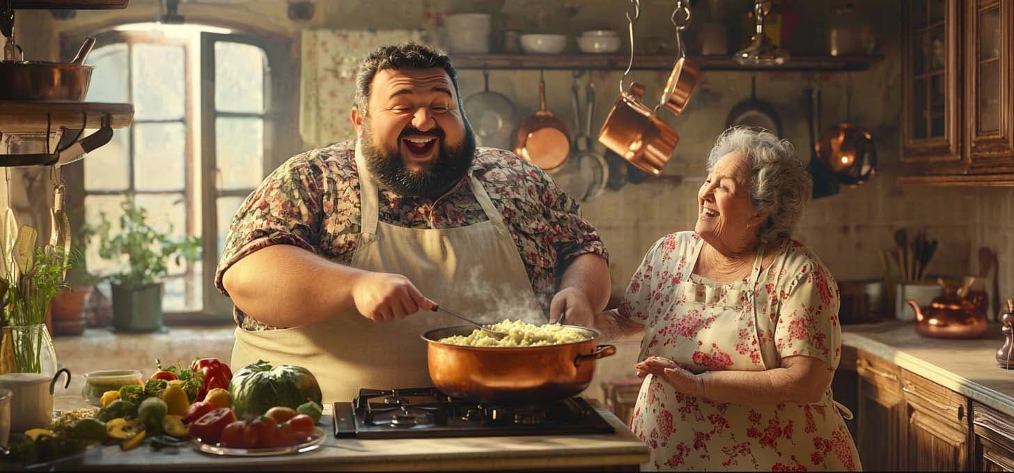 Nonna guiding Giovanni in the kitchen